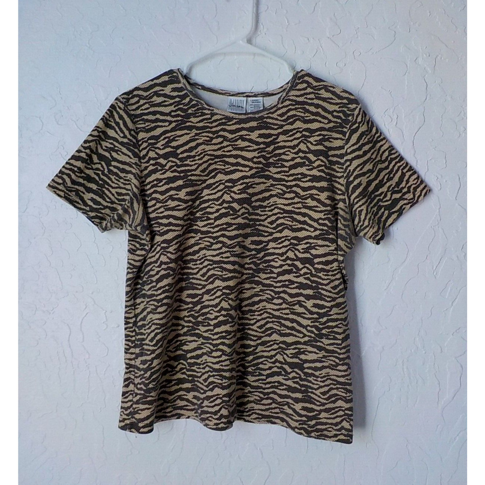 Jason Maxwell Brown Top T-Shirt Women Sz Large Animal Print Cotton Short Sleeve